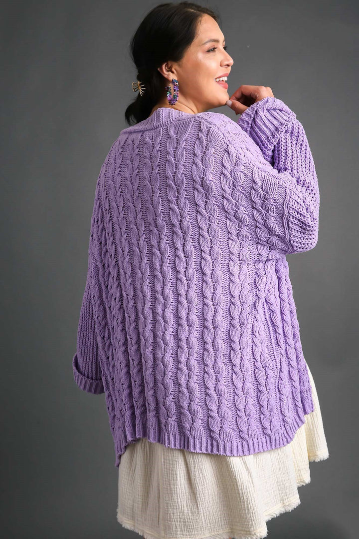 Full Size Cable Knit Open Front Long Sleeve Cardigan