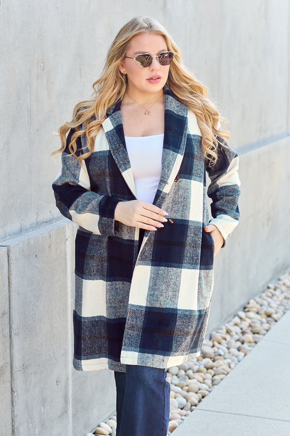 Full Size Plaid Button Up Lapel Collar Coat