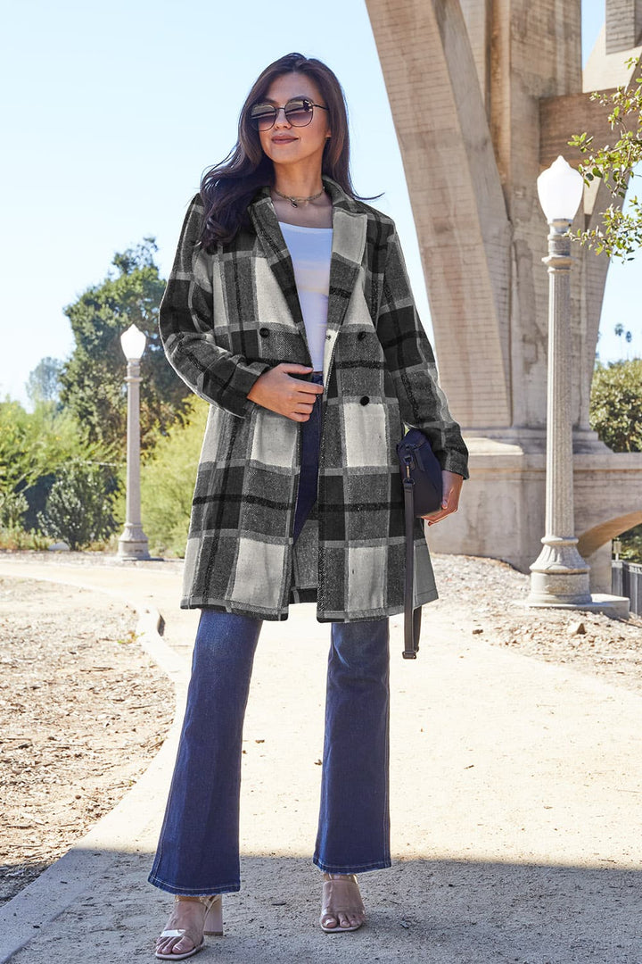 Full Size Plaid Button Up Lapel Collar Coat