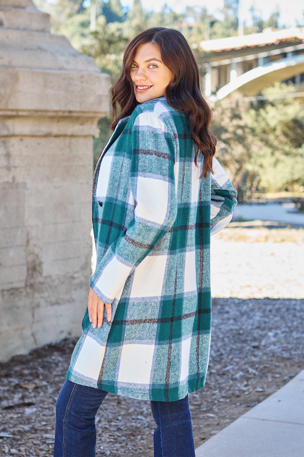 Full Size Plaid Button Up Lapel Collar Coat