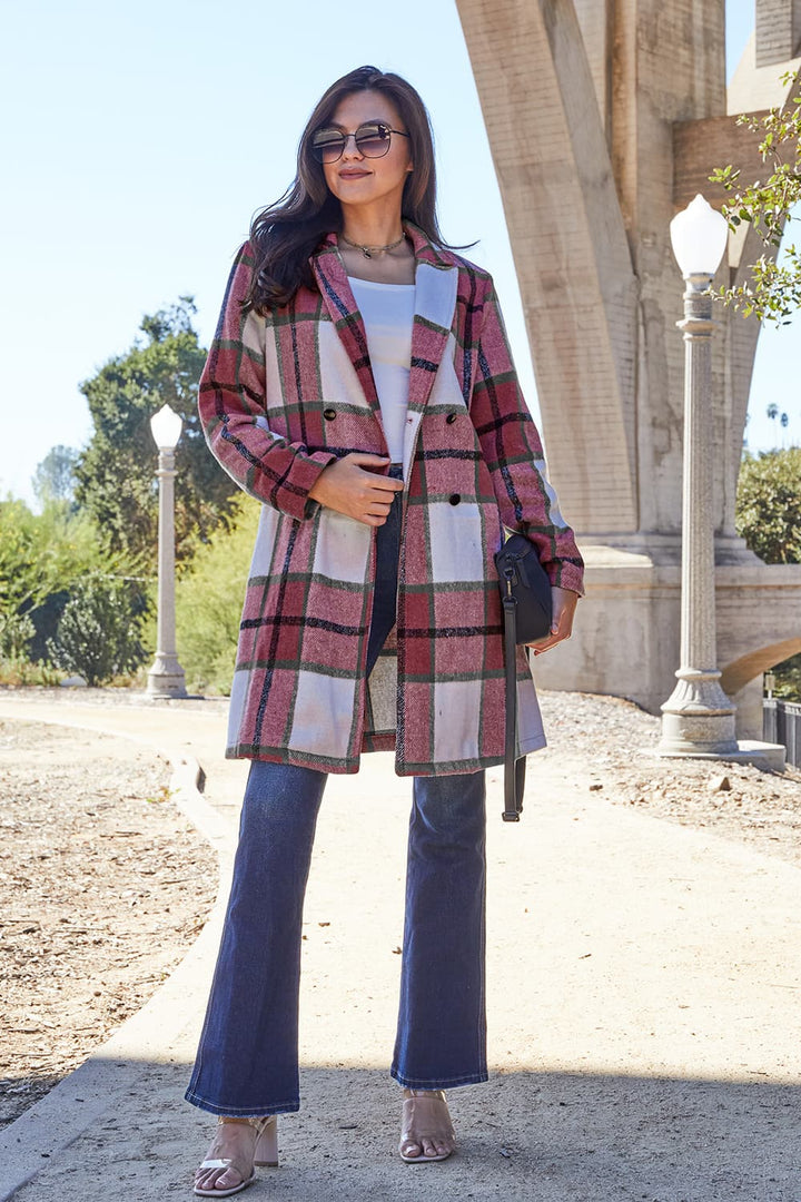 Full Size Plaid Button Up Lapel Collar Coat