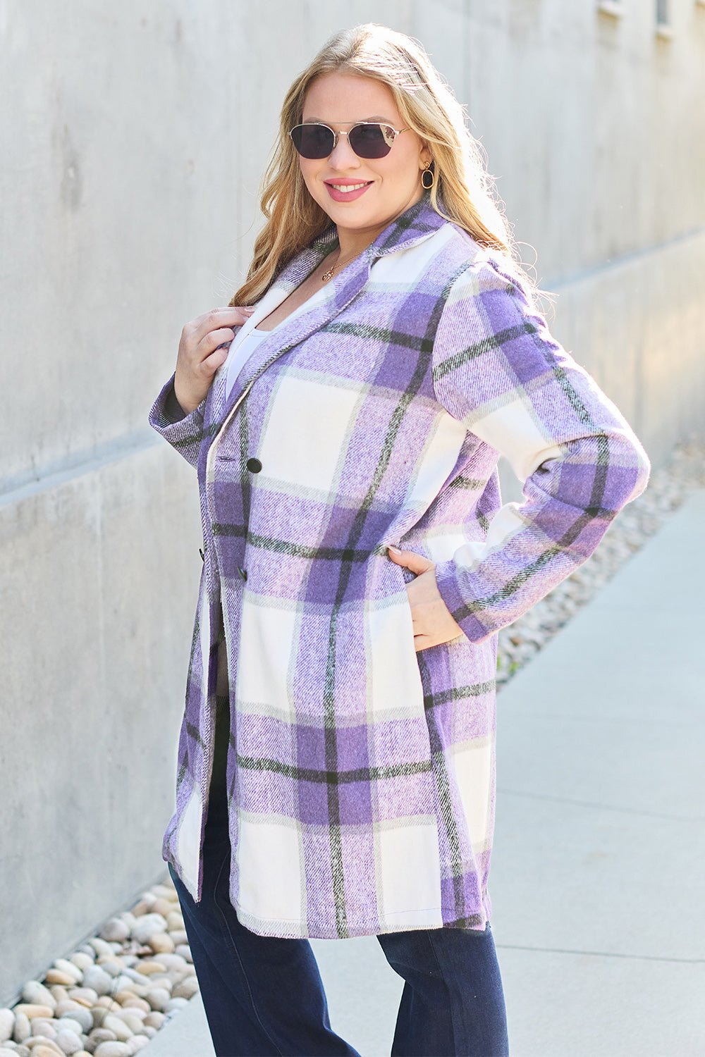 Full Size Plaid Button Up Lapel Collar Coat