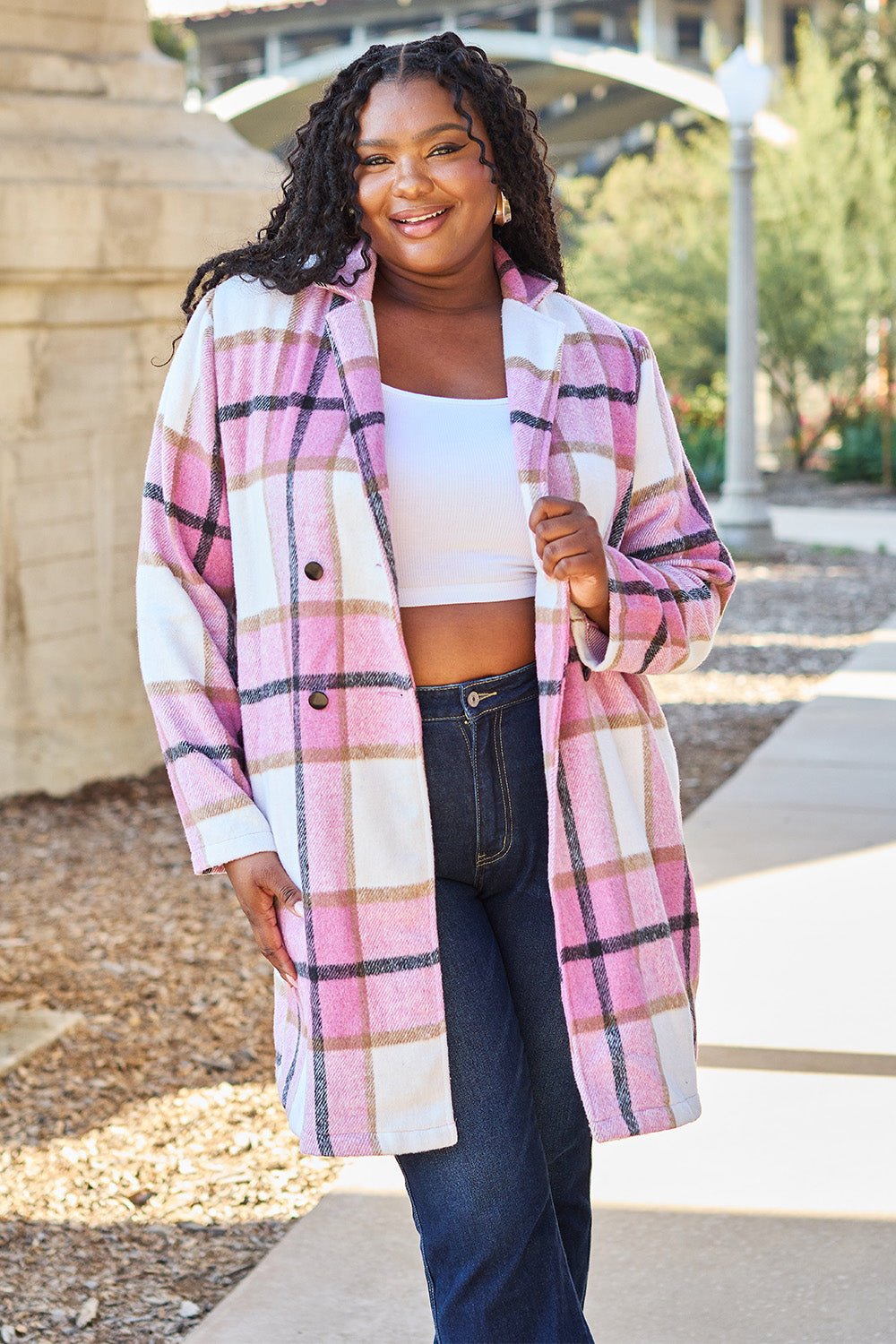 Full Size Plaid Button Up Lapel Collar Coat