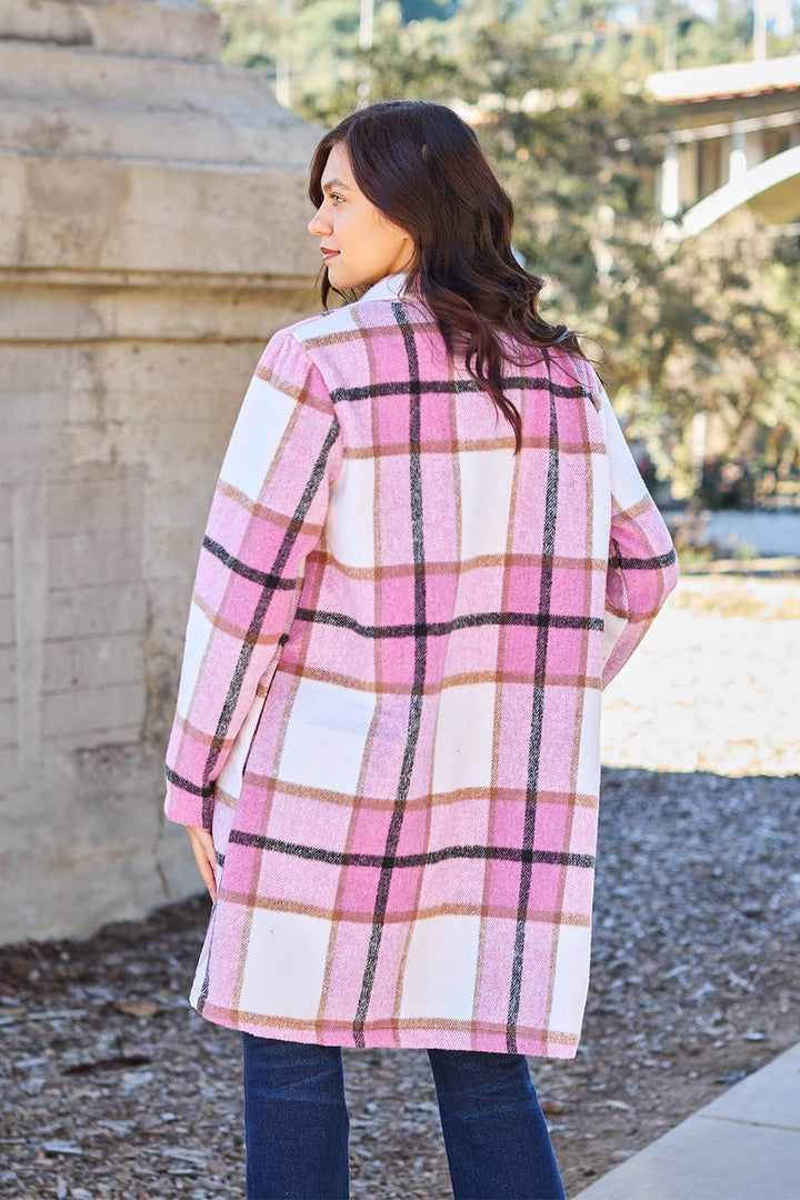 Full Size Plaid Button Up Lapel Collar Coat