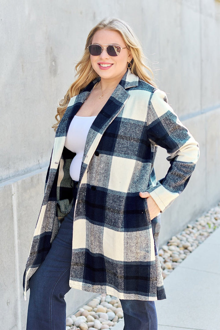 Full Size Plaid Button Up Lapel Collar Coat