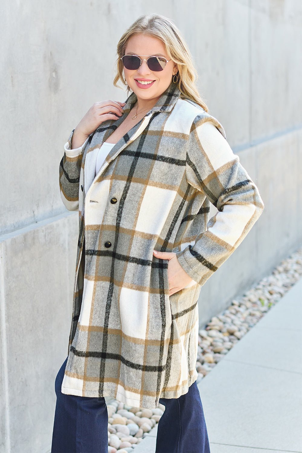 Full Size Plaid Button Up Lapel Collar Coat