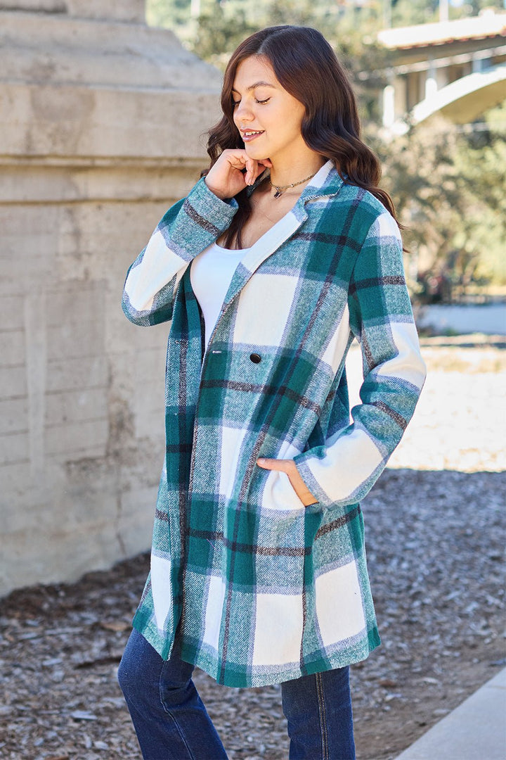 Full Size Plaid Button Up Lapel Collar Coat