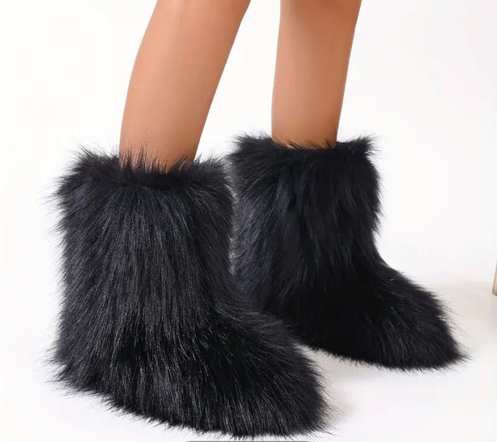 Mid Calf Faux Fur Fluffy Snow Boots, Black