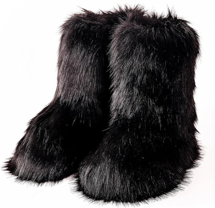 Mid Calf Faux Fur Fluffy Snow Boots, Black