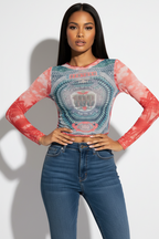 Graphic Print Mesh Crop Top
