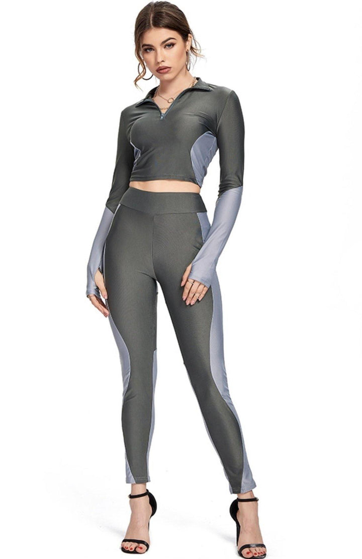 Grey Activewear Color Block Leggings Set - 7Kouture