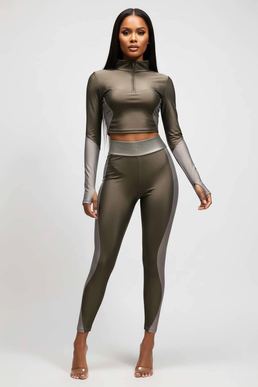 Activewear Color Block Leggings Set - Grey
