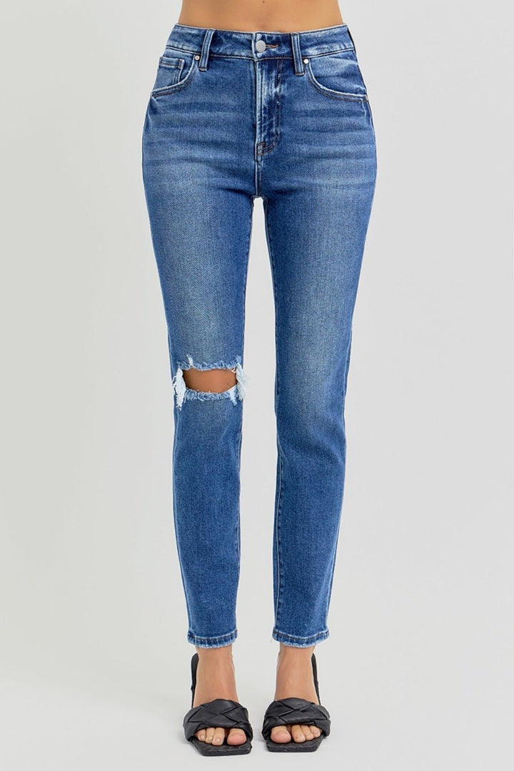 High Rise Ankle Skinny Knee Distressed Jeans