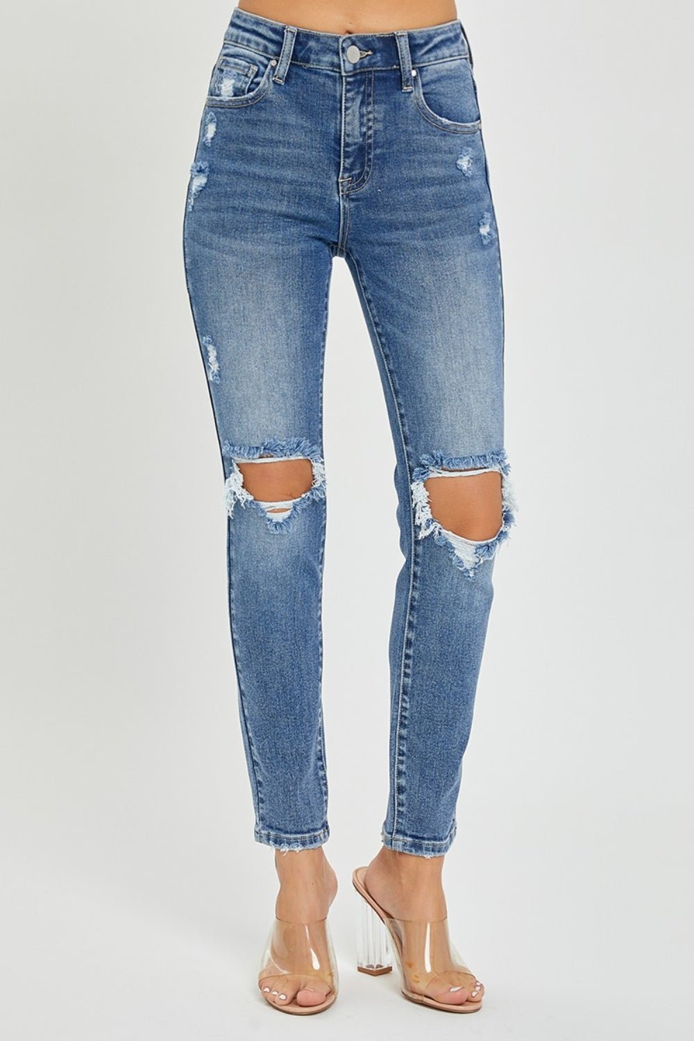 High Rise Knee Distressed Skinny Jeans