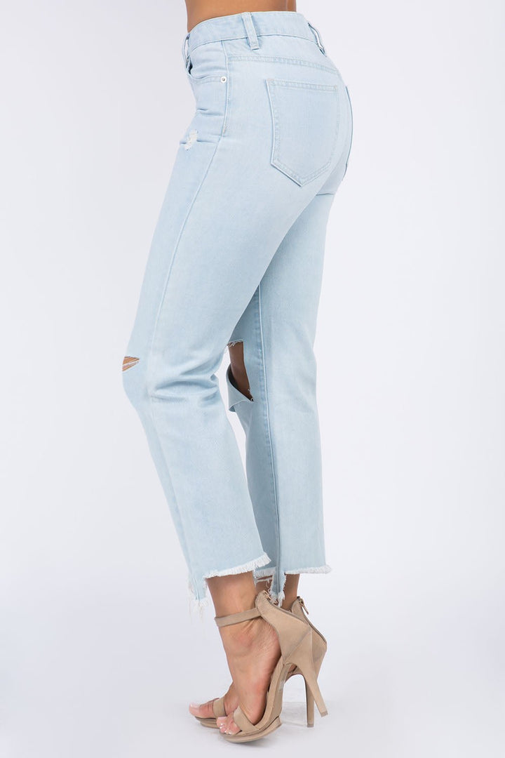 High Waist Distressed Raw Hem Jeans