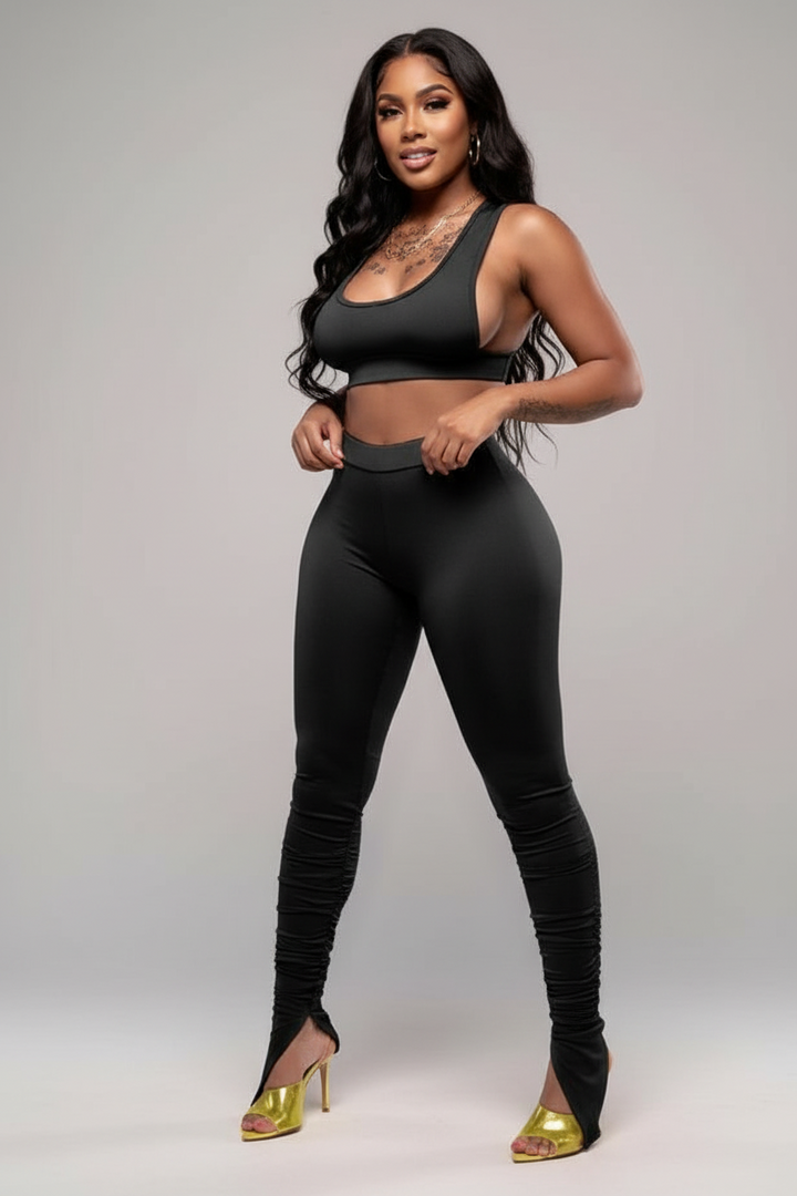 High Waist Pants and Crop Top Set - Black