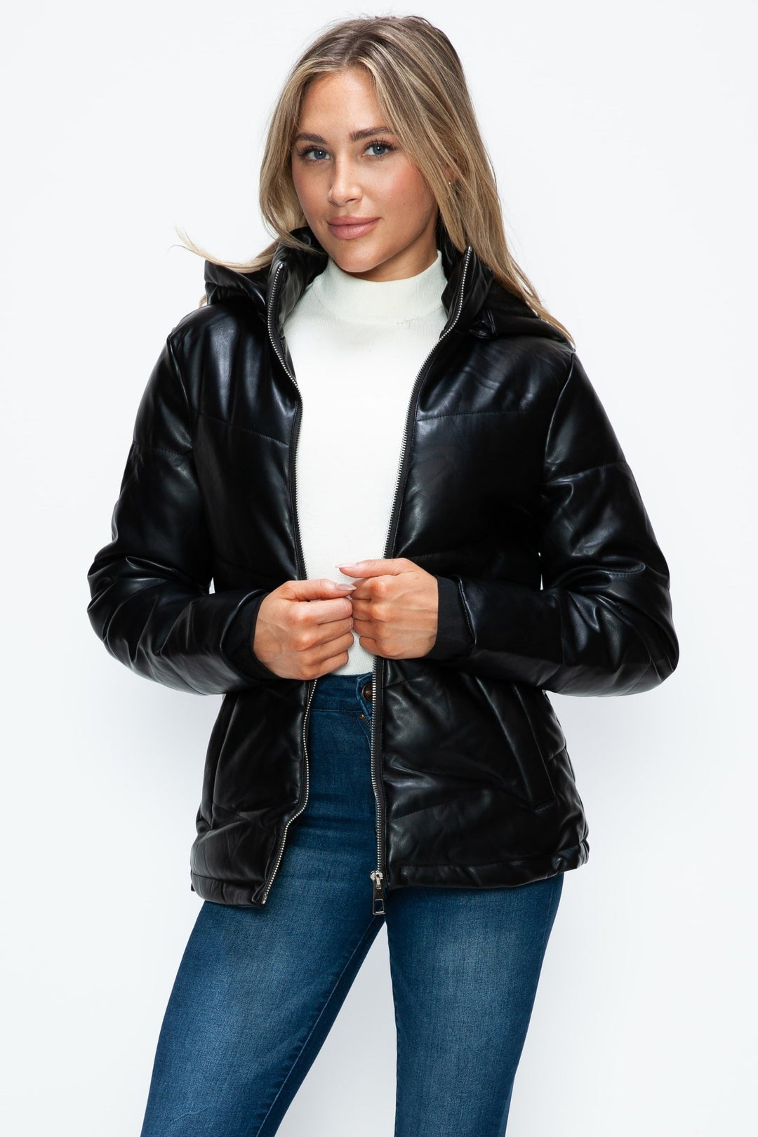 Pocketed Zip Up Puffer Jacket with Removable Hood, Black