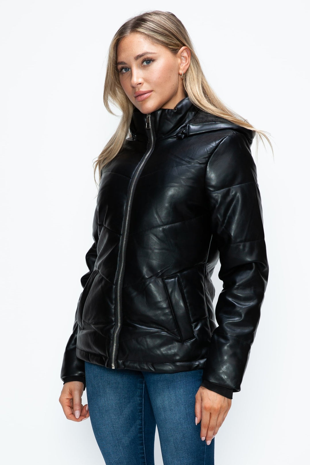 Pocketed Zip Up Puffer Jacket with Removable Hood, Black