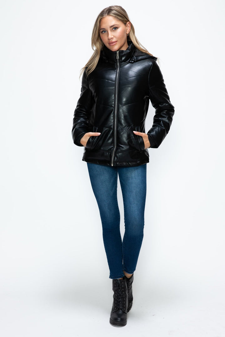 Pocketed Zip Up Puffer Jacket with Removable Hood, Black