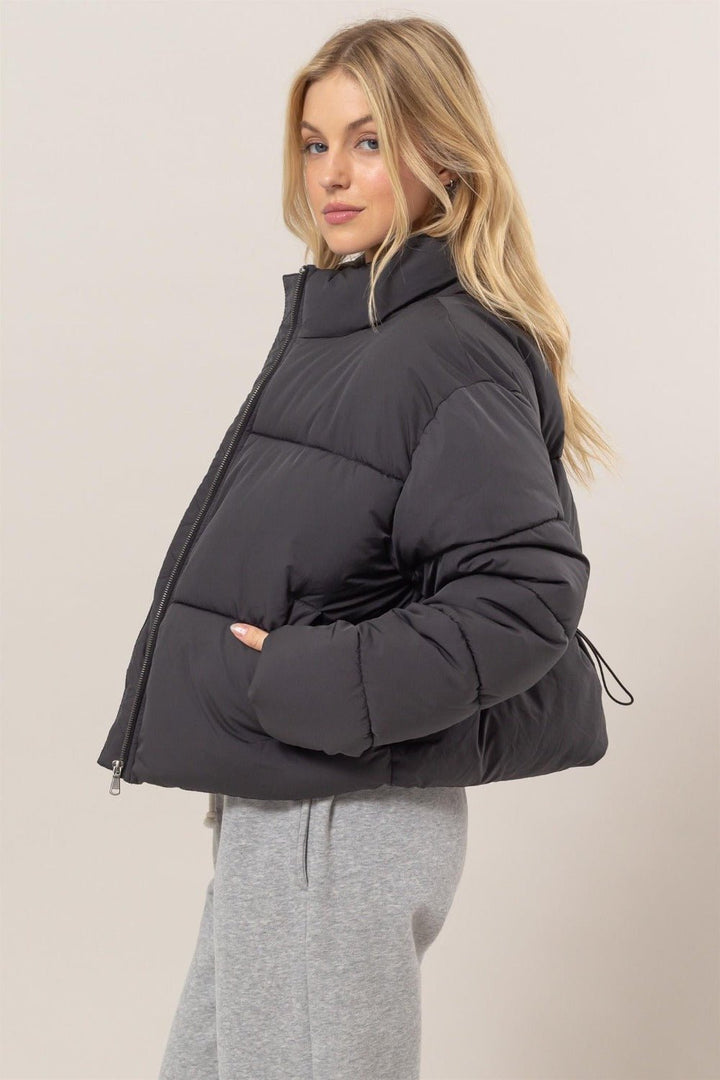 Quilted Back Drawstring Puffer Jacket, Black