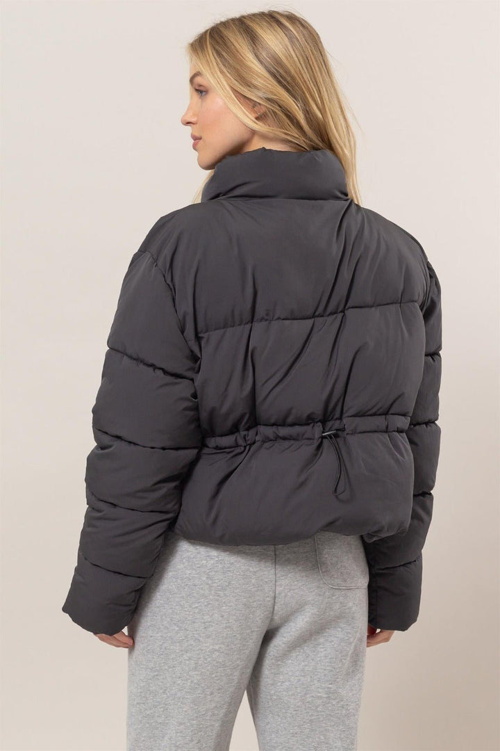 Quilted Back Drawstring Puffer Jacket, Black