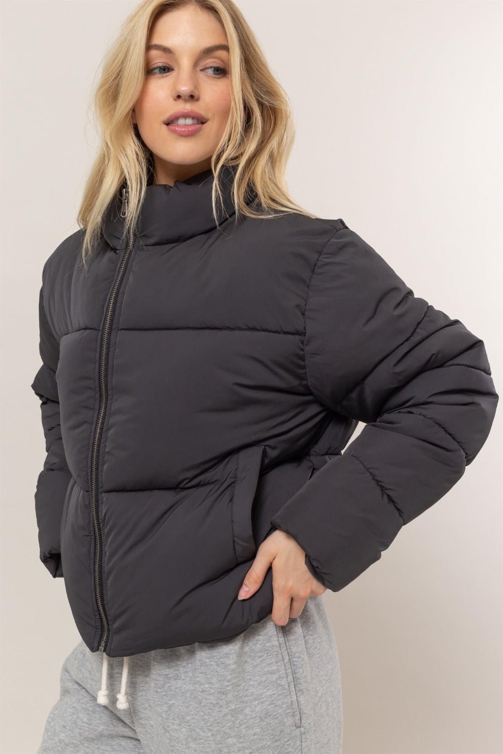 Quilted Back Drawstring Puffer Jacket, Black