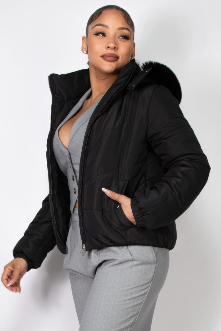 Insulated Zip-up Faux Fur Hooded Jacket, Black