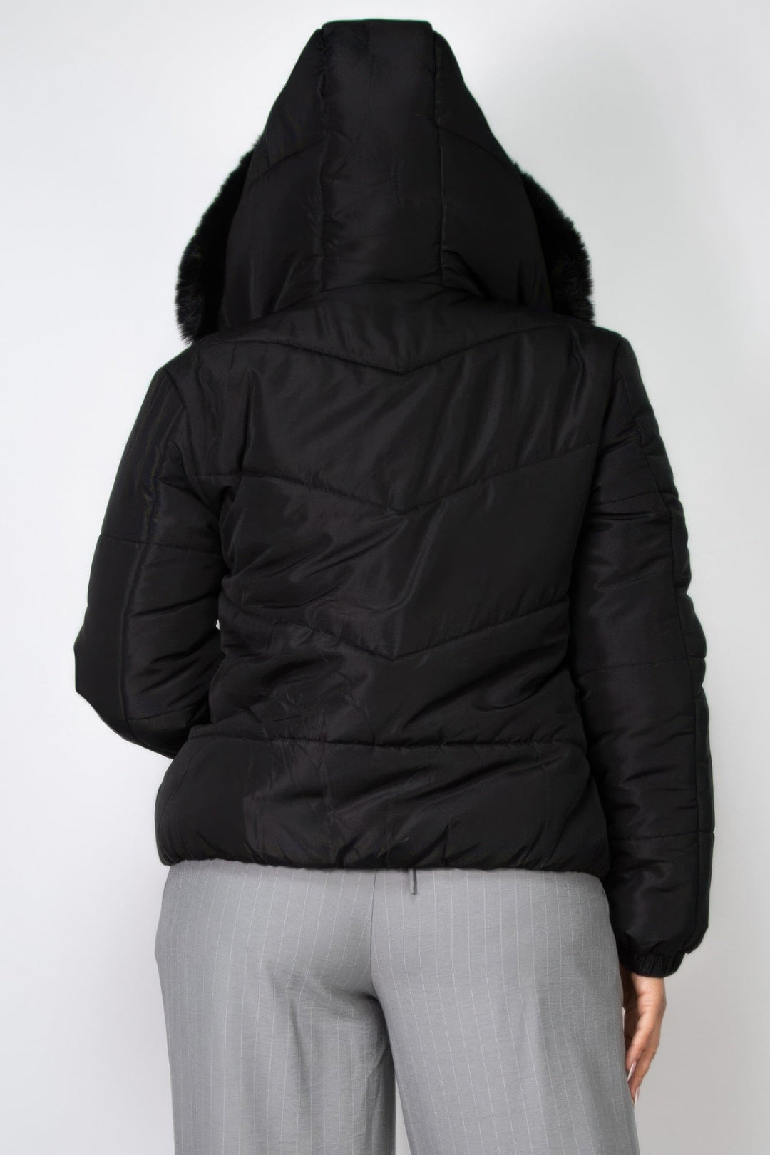 Insulated Zip-up Faux Fur Hooded Jacket, Black