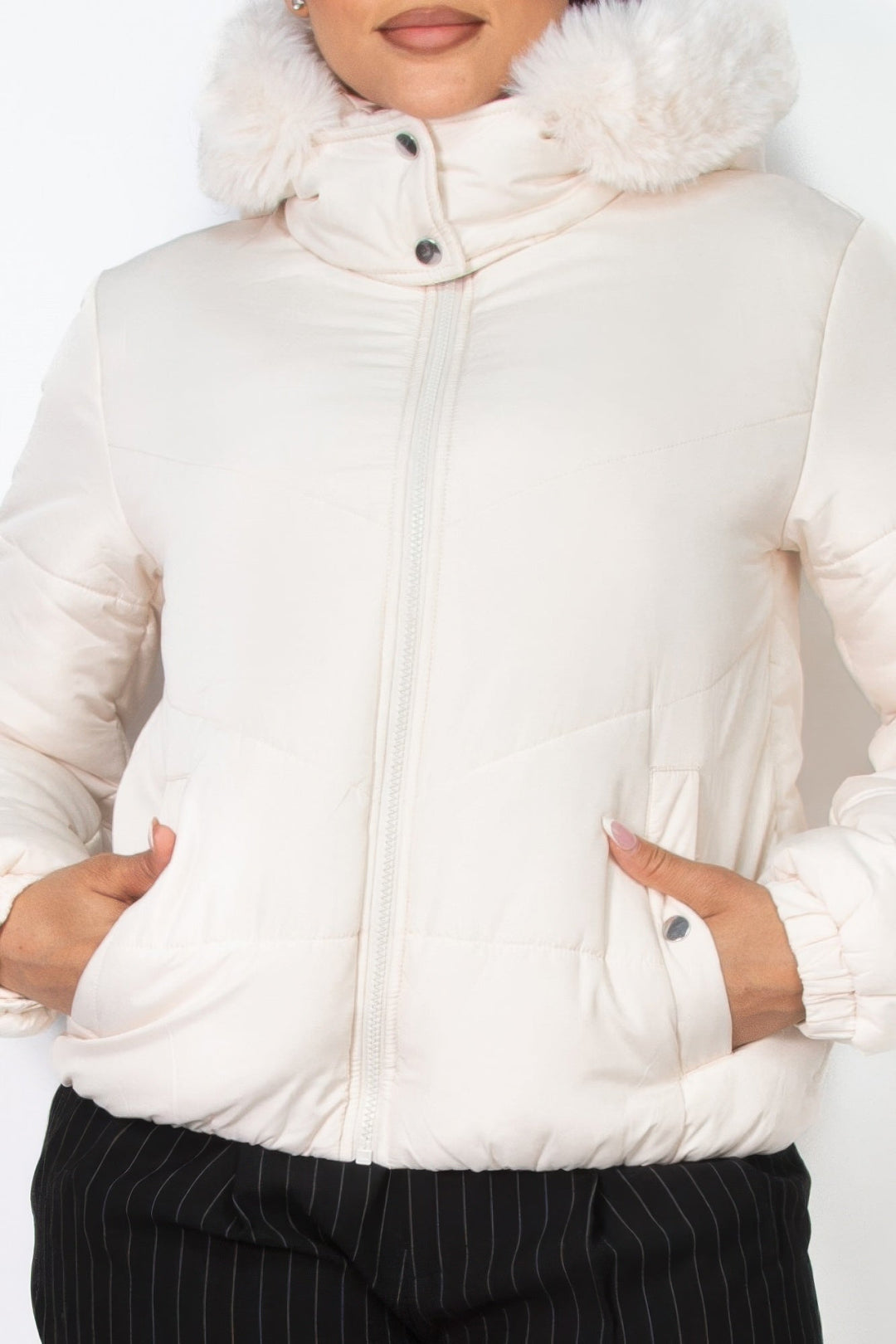 Insulated Zip-up Faux Fur Hooded Jacket, Ivory