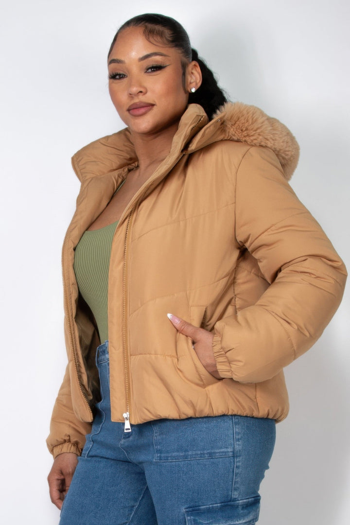 Insulated Zip-up Faux Fur Hooded Jacket, Khaki