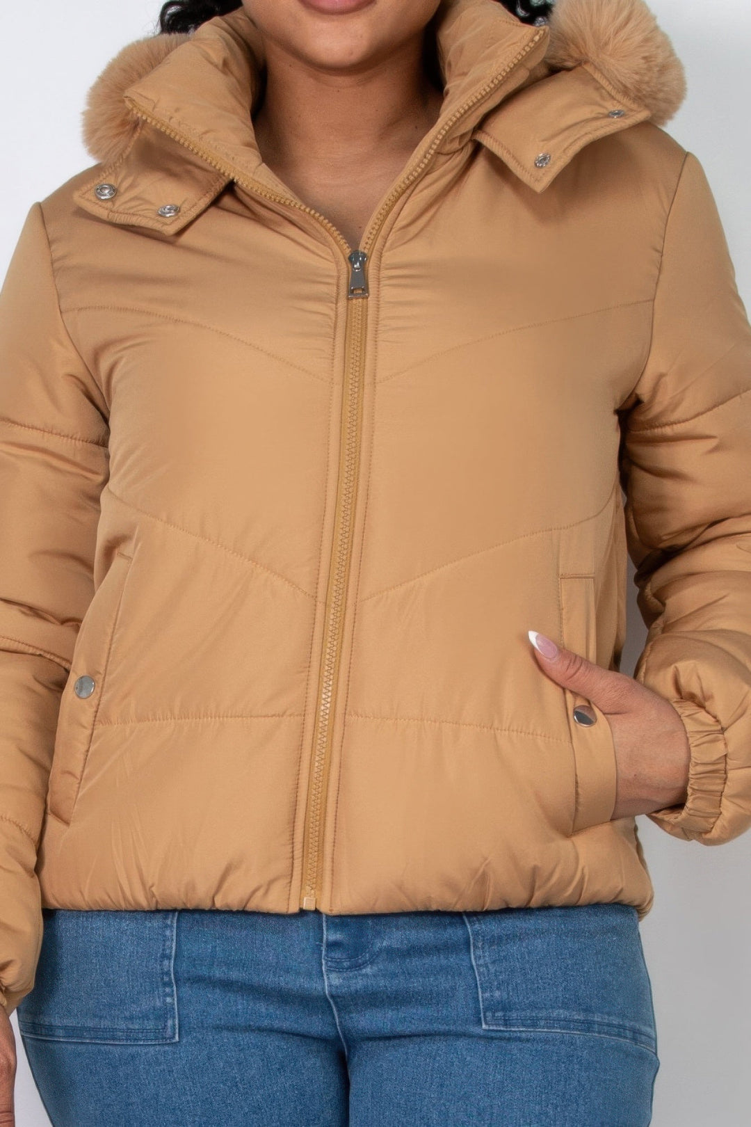 Insulated Zip-up Faux Fur Hooded Jacket, Khaki