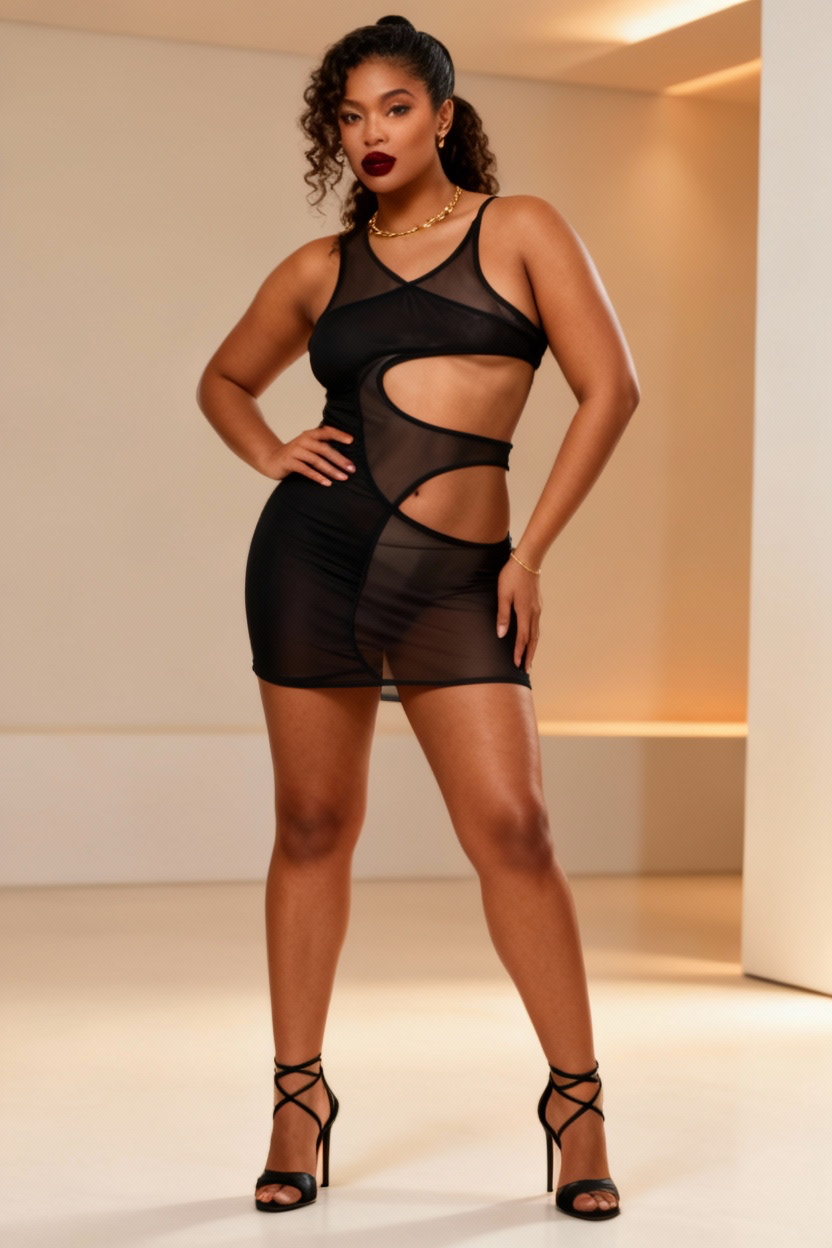Irregular Cut Mesh Bodycon Dress - Black