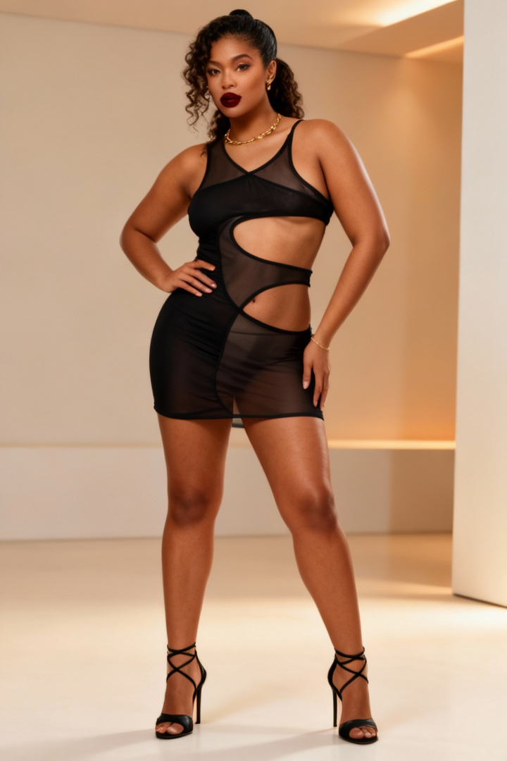 Irregular Cut Mesh Bodycon Dress - Black