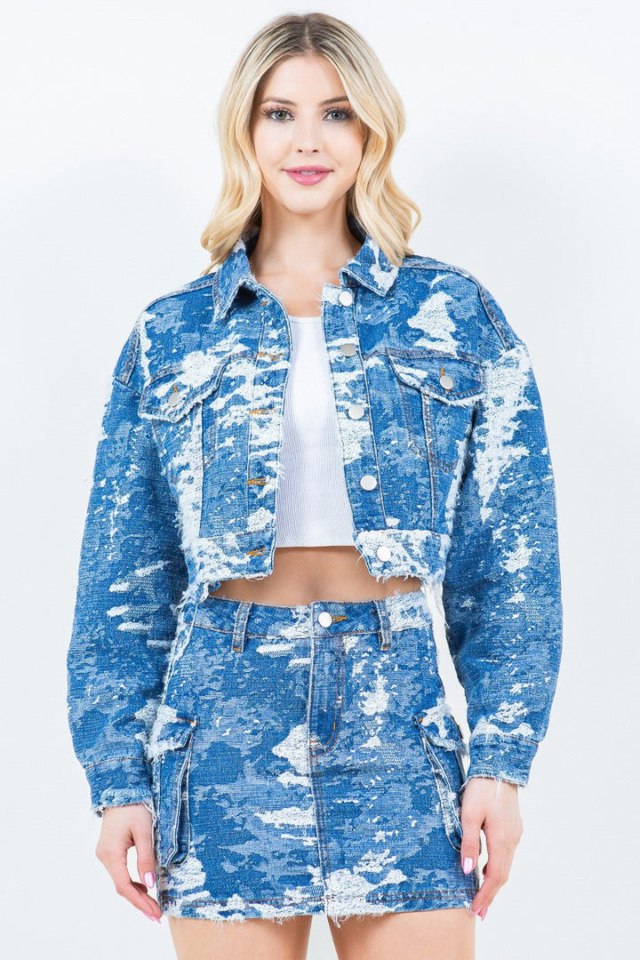 Jacquard Trim Cropped Denim Jacket