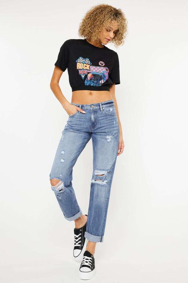 Mid Rise Distressed Straight Jeans, Light