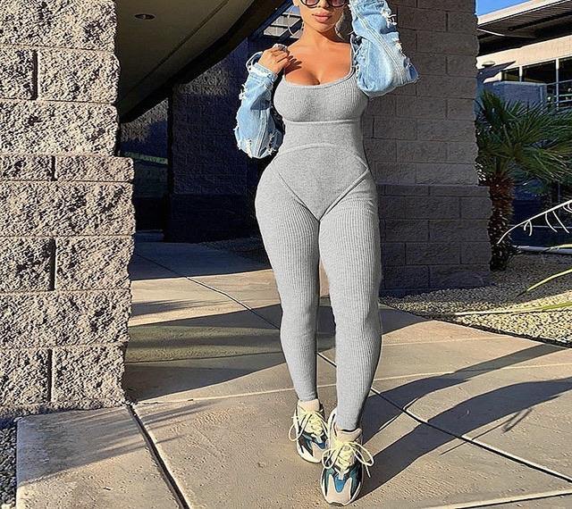 Contouring Ribbed Jumpsuit - Grey - 7Kouture