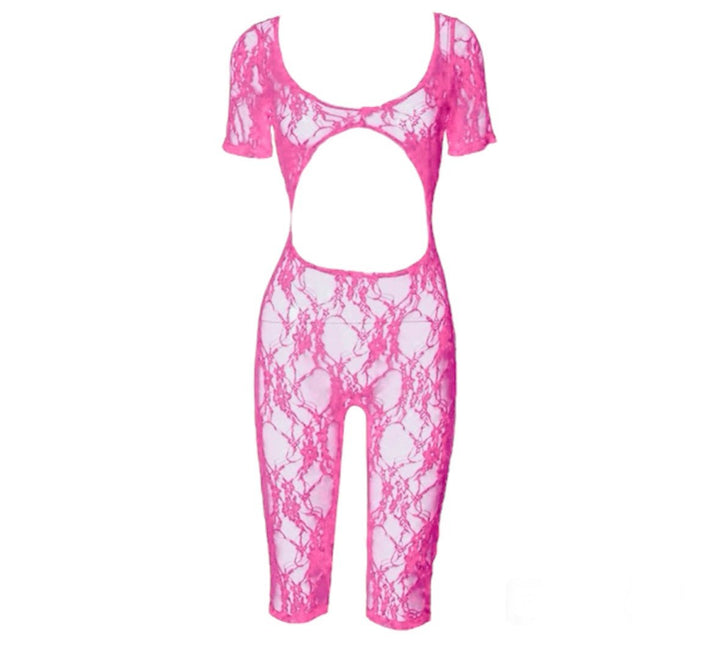 Lace See through hollow out romper, pink