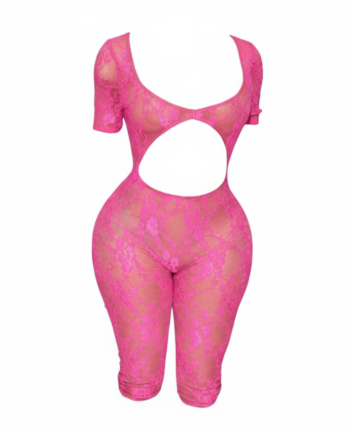 Lace See through hollow out romper, pink