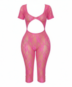 Lace See through hollow out romper, pink