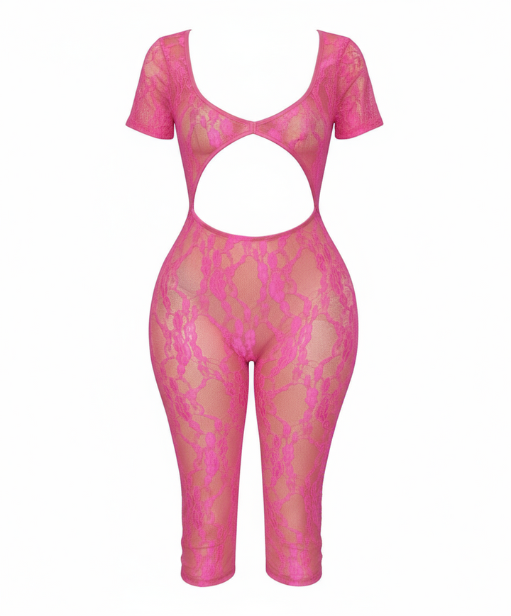 Lace See through hollow out romper, pink