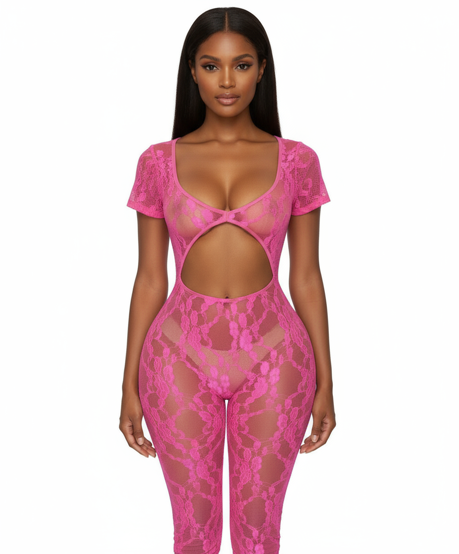 Lace See through hollow out romper, pink