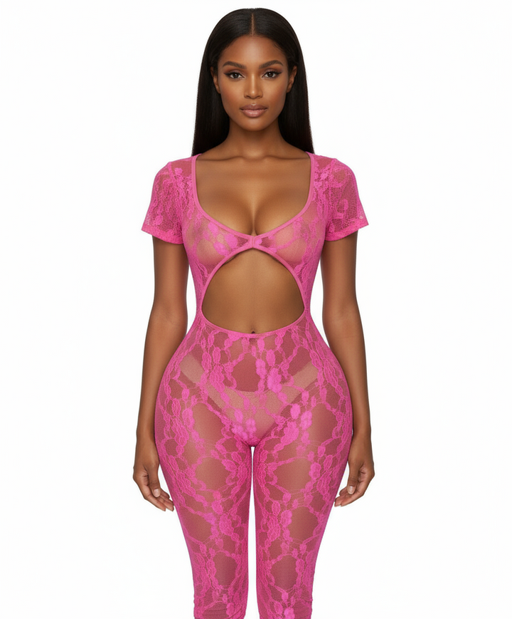Lace See through hollow out romper, pink