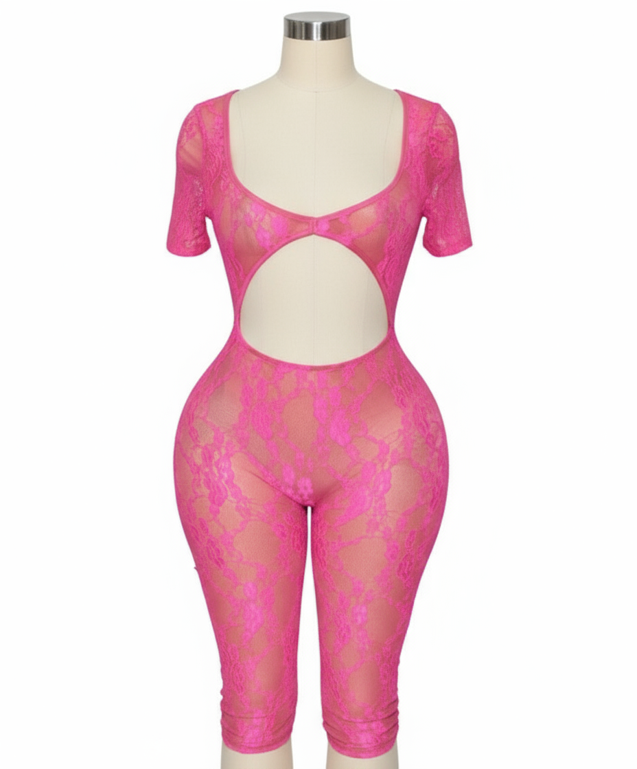 Lace See through hollow out romper, pink