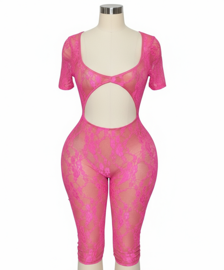 Lace See through hollow out romper, pink