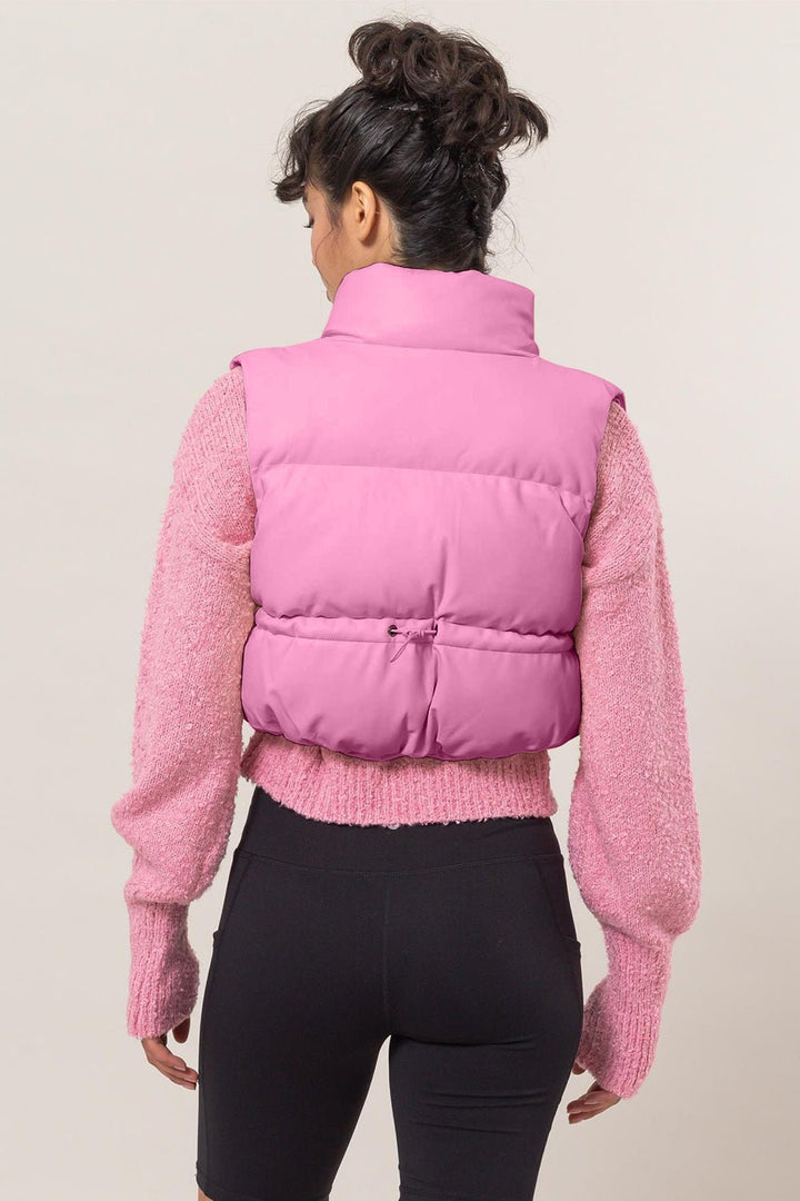 Leather Zip Up Cropped Puffer Vest, Pink