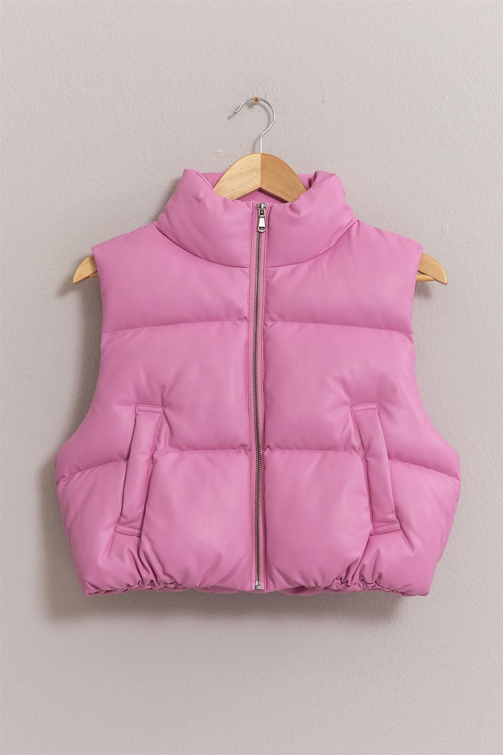 Leather Zip Up Cropped Puffer Vest, Pink