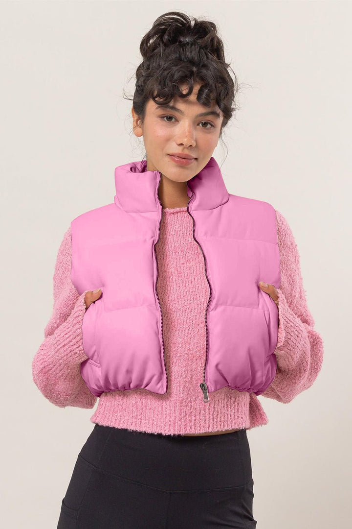 Leather Zip Up Cropped Puffer Vest, Pink