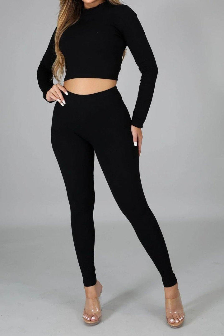 Leggings and Crop Top Set - Black - 7Kouture
