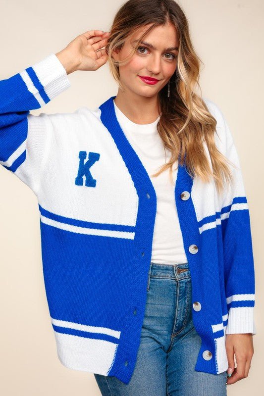 Letter Patch Contrast V-Neck Cardigan