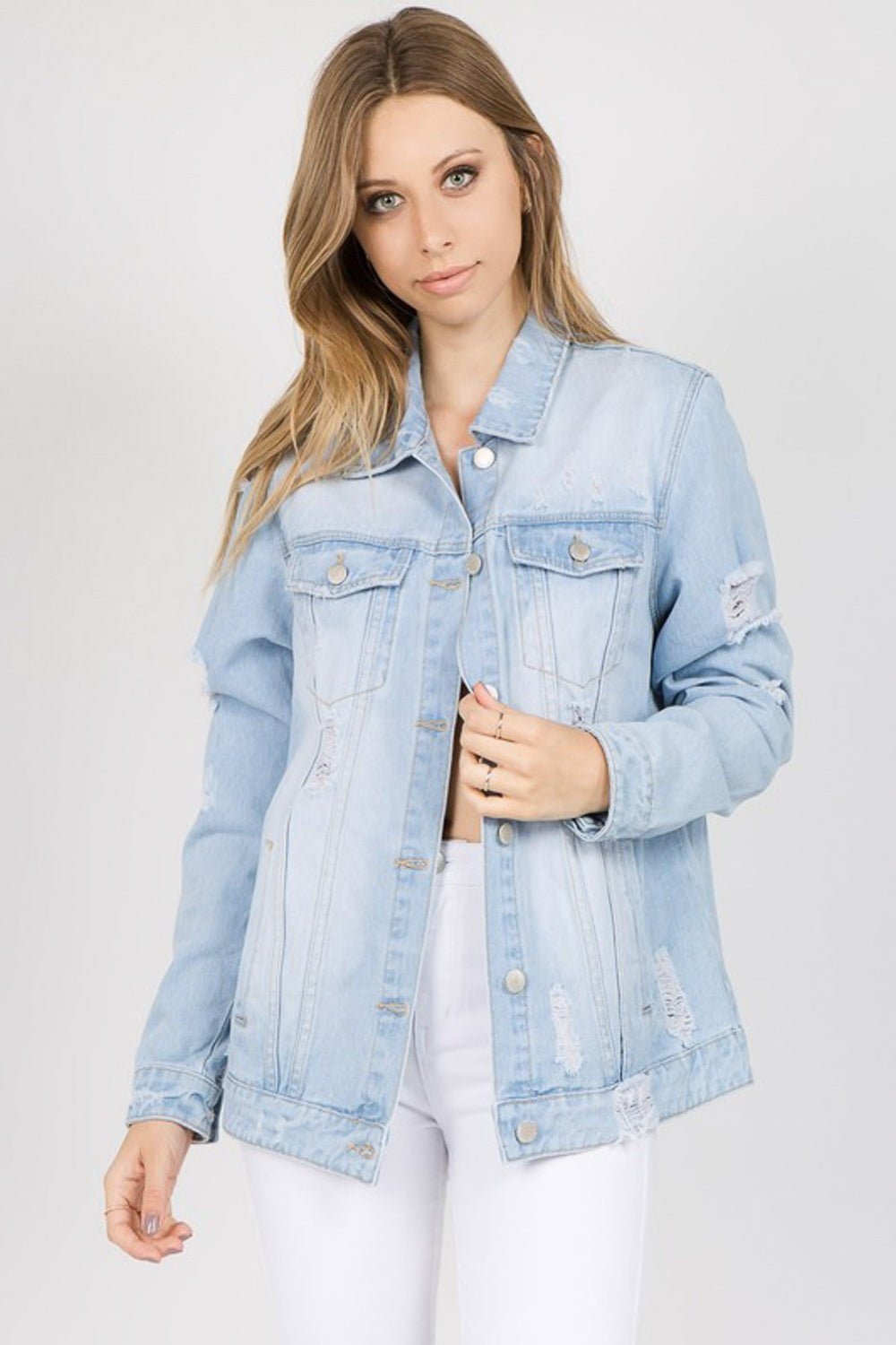 Letter Patched Distressed Denim Jacket